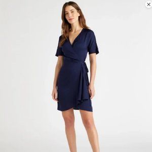 NWT Quince Womens Small Navy Blue Stretch Washable Silk Wrap Dress